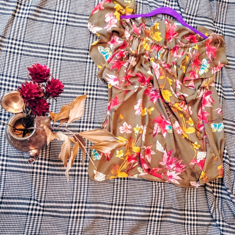 Anthropologie green floral off shoulder blouse